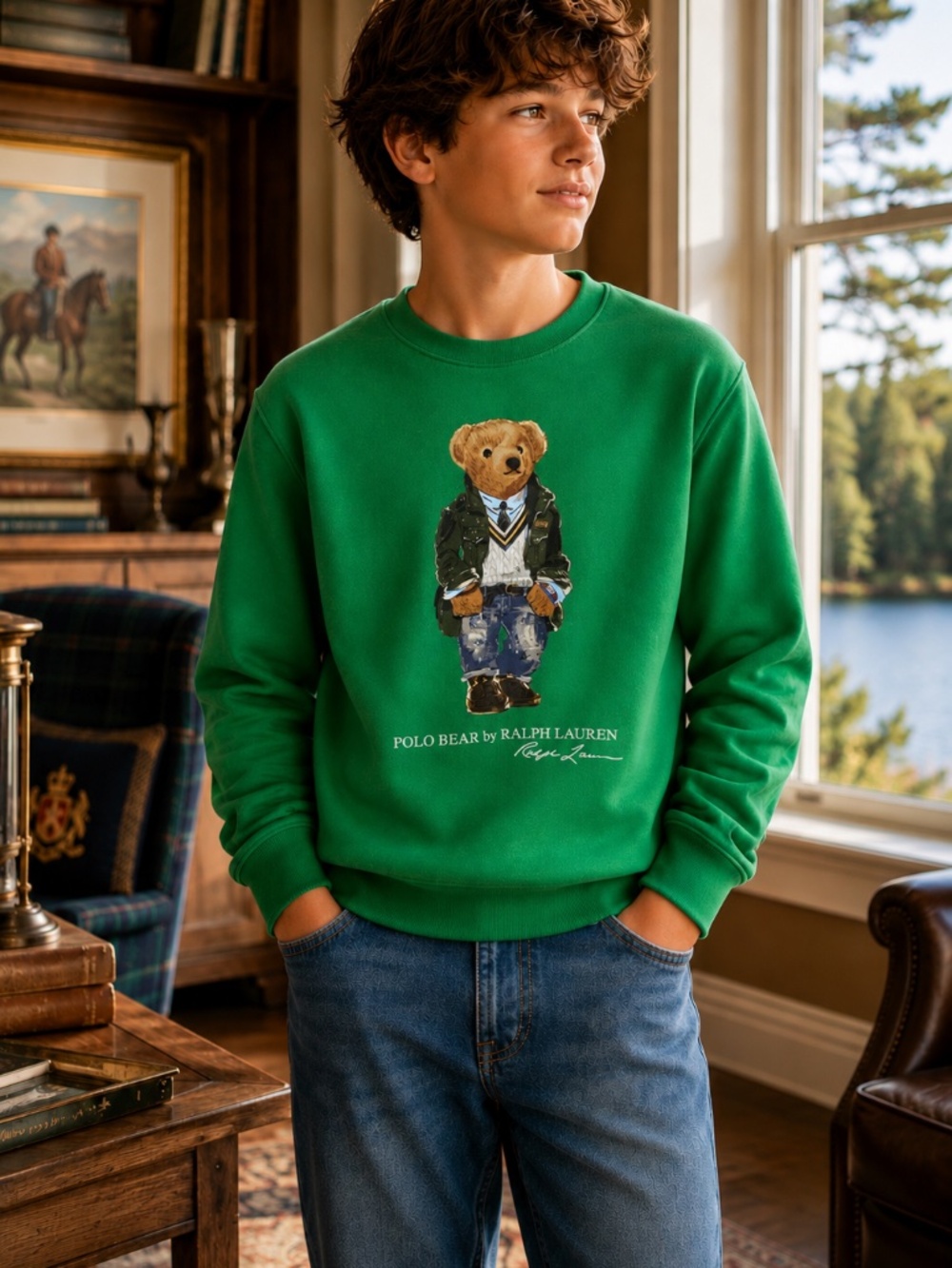 Polo Ralph Lauren Polo Bear Green Preppy Fleece Sweatshirt NWOT Boys L 14–16